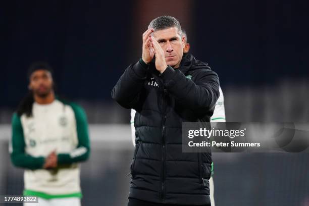 Nick Montgomery Manager of Hibernian, applauds the fans following the team's defeat during Viaplay Cup Semi Final match between Hibernian FC and...