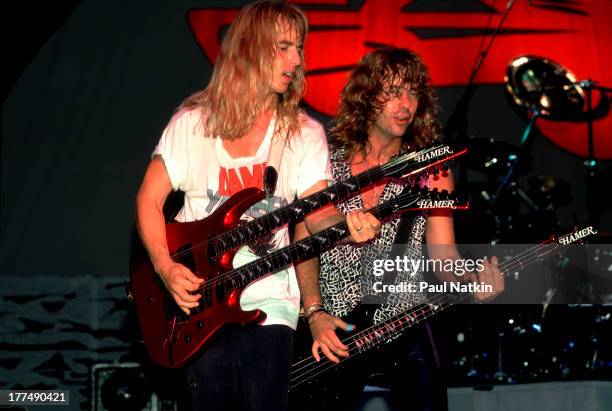 American music group Damn Yankees perform on stage at the Holiday Star Plaza Theater, Merilville, Indiana, March 2, 1993. Pictured are Tommy Shaw and...