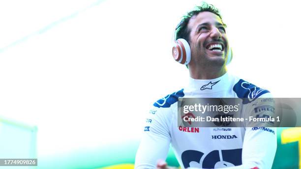 Daniel Ricciardo of Australia and Scuderia AlphaTauri prepares to drive prior to the Sprint ahead of the F1 Grand Prix of Brazil at Autodromo Jose...