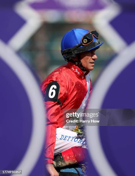 Jockey Lanfranco Dettori after victory atop Inspiral of Great Britain during the Maker's Mark Breeders' Cup Filly and Mare Turf at Santa Anita Park...