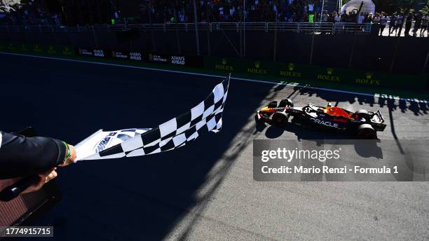 Sprint winner Max Verstappen of the Netherlands and Oracle Red Bull Racing crosses the finish line during the Sprint ahead of the F1 Grand Prix of...