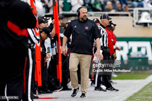 Head coach Matt Rhule of the Nebraska Cornhuskers looks on in the third quarter of a game against the Michigan State Spartans at Spartan Stadium on...