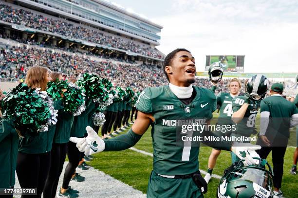 Jaden Mangham of the Michigan State Spartans reacts after the Spartans defeated the Nebraska Cornhuskers, 20-17, at Spartan Stadium on November 04,...