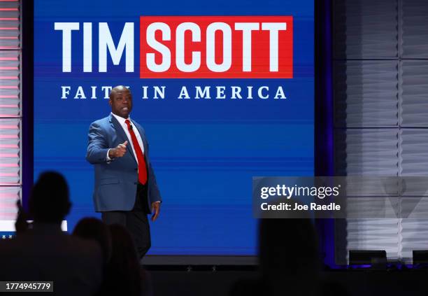 Republican presidential candidate U.S. Sen. Tim Scott speaks during the Florida Freedom Summit at the Gaylord Palms Resort on November 04, 2023 in...