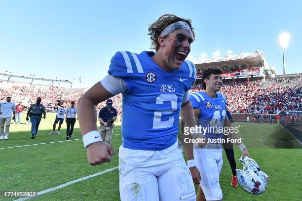 Jaxson Dart of the Mississippi Rebels reacts after the game against the Texas A&M Aggies at Vaught-Hemingway Stadium on November 04, 2023 in Oxford,...