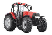 Red and black tractor against white background
