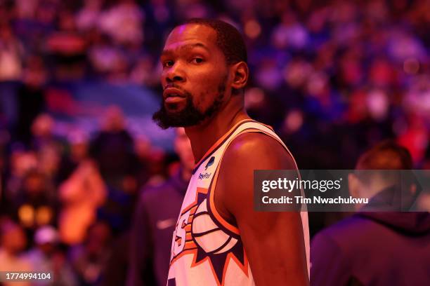 Kevin Durant of the Phoenix Suns looks on before playing against the Philadelphia 76ers at the Wells Fargo Center on November 04, 2023 in...