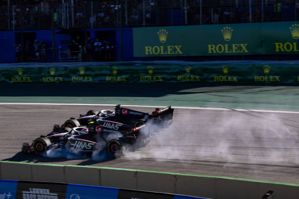 F1 Grand Prix of Brazil - SprintSAO PAULO, BRAZIL - NOVEMBER 4: Haas drivers Kevin Magnussen and Nico Hulkenberg go hed to head at turn 1 during the Sprint race ahead of the F1 Grand Prix of Brazil at Autodromo Jose Carlos Pace on November 4, 2023 in Sao Paulo, Brazil.