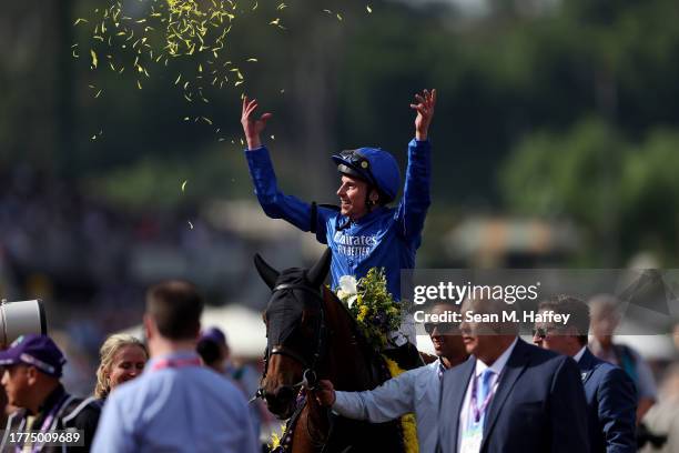 William Buick aboard Master of the Seas reacts after winning the FanDuel Breeders' Cup Mile race at Santa Anita Park on November 04, 2023 in Arcadia,...