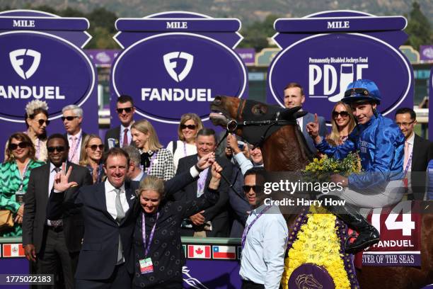 Jockey William Buick reacts in the winner's circle after victory atop Master of The Seas of Ireland during the FanDuel Breeders' Cup Mile at Santa...