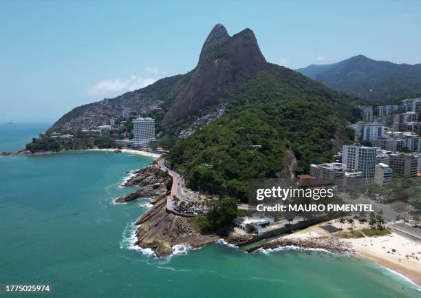 Aerial view of the Leblon beach and the Dois Irmaos mountain in Rio de Janeiro, Brazil on November 10, 2023.