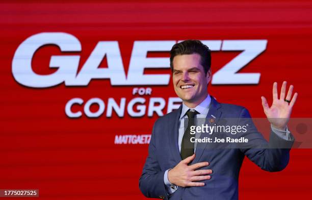 Rep. Matt Gaetz speaks during the Florida Freedom Summit at the Gaylord Palms Resort on November 04, 2023 in Kissimmee, Florida. The Republican Party...