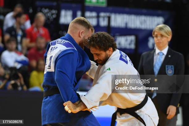 Salvador Cases Roca of Spain and Hidayat Heydarov of Azerbaijan in the final -73 during the European Judo Championships Seniors Montpellier 2023 at...