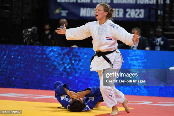 Senne Van Dijke of Netherlands and Elisaveta Teltsidou of Greece in the bronze -70 during the European Judo Championships Seniors Montpellier 2023 at...