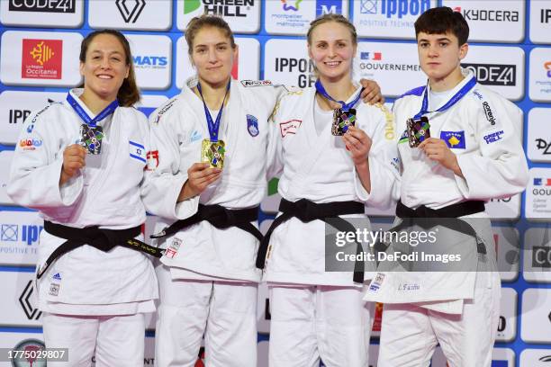 Gili Sarah of Israel and Andreja Leskiof Slovenia and Angelika Szymanska of Poland and Laura Fazliu of Kosovo in the medal ceremomny -63 during the...