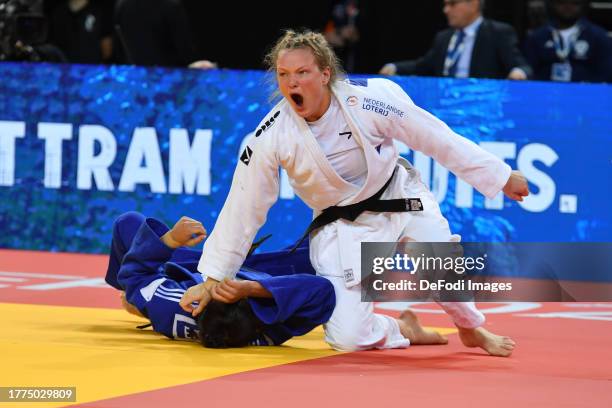 Senne Van Dijke of Netherlands and Elisaveta Teltsidou of Greece in the bronze -70 during the European Judo Championships Seniors Montpellier 2023 at...