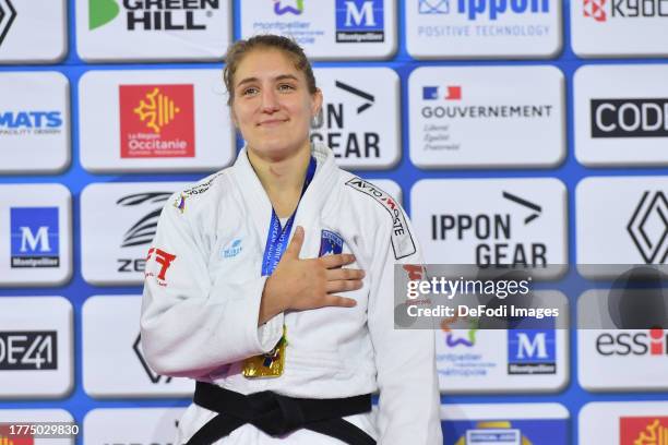 Andreja Leskiof Slovenia in the medal ceremomny -63 during the European Judo Championships Seniors Montpellier 2023 at Sud de France Arena on...