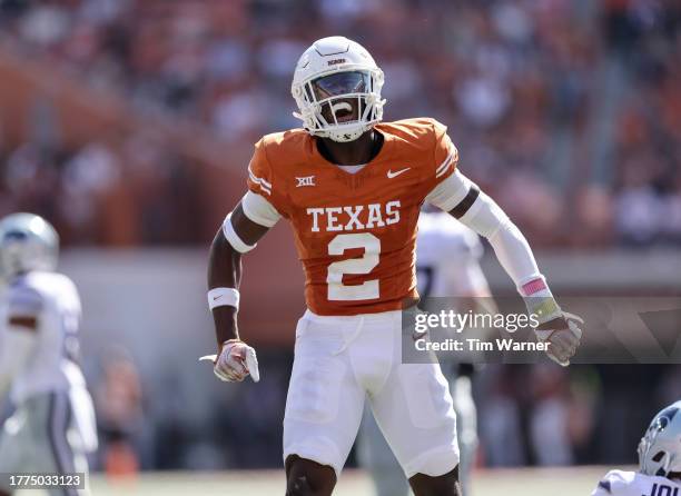 Derek Williams Jr. #2 of the Texas Longhorns celebrates after a tackle in the second half against the Kansas State Wildcats at Darrell K Royal-Texas...