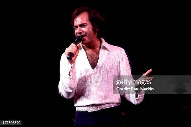 American musician Neil Diamond performs on stage at the Rosemont Horizon, Rosemont, Illinois, April 30, 1983.