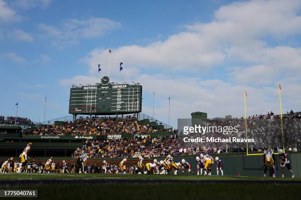 General view during the first half of the Wildcat Classic between the Northwestern Wildcats and the Iowa Hawkeyes at Wrigley Field on November 04,...