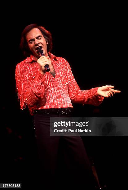 American musician Neil Diamond performs on stage at the Poplar Creek Music Theater, Hoffman Estates, Chicago, Illinois, August 23, 1984.