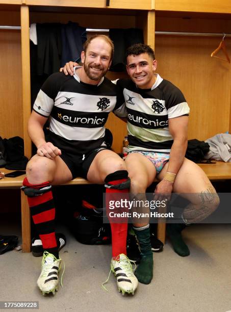 Alun Wyn Jones of Barbarians poses for a photograph with Izaia Perese in the changing room after the Test Match between Wales and Barbarians at...