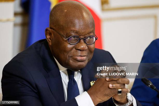 Ghana's President Nana Akufo-Addo looks on during the beginning of the 5th Summit of "Christchurch call", at the Elysee Presidential palace in Paris,...