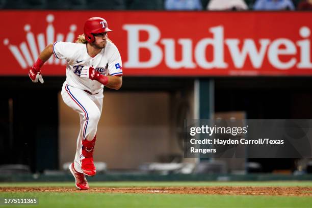 Travis Jankowski of the Texas Rangers runs during a game against the Houston Astros at Globe Life Field on September 05, 2023 in Arlington, Texas.