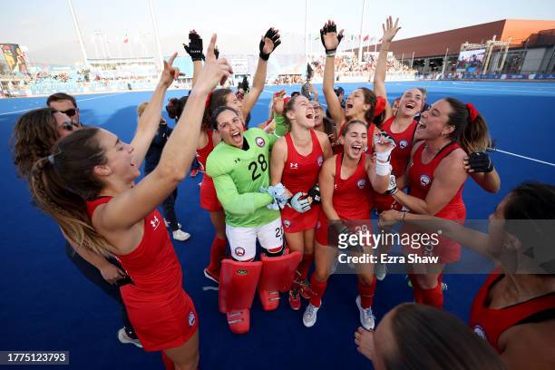 Team Chile celebrates after they defeated Team Canada in the Women's Hockey Bronze Medal match at Parque Deportivo del Estadio Nacional on Day 15 of...
