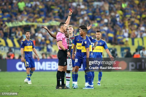 Referee Wilmar Roldan shows red card to Frank Fabra of Boca Juniors during the final match of Copa CONMEBOL Libertadores 2023 between Fluminense and...