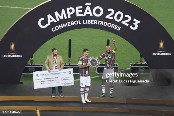 Nino and Felipe Melo of Fluminense celebrate after winning the final match of Copa CONMEBOL Libertadores 2023 between Fluminense and Boca Juniors at...