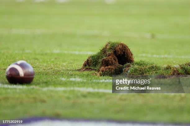 Detail of damaged grass during the second half between the Northwestern Wildcats and the Iowa Hawkeyes at Wrigley Field on November 04, 2023 in...