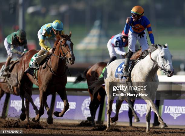 Jockey Irad Ortiz Jr. Celebrates at the finish line, riding White Abarrio to victory during the Breeders' Cup Classic at Santa Anita Park on November...