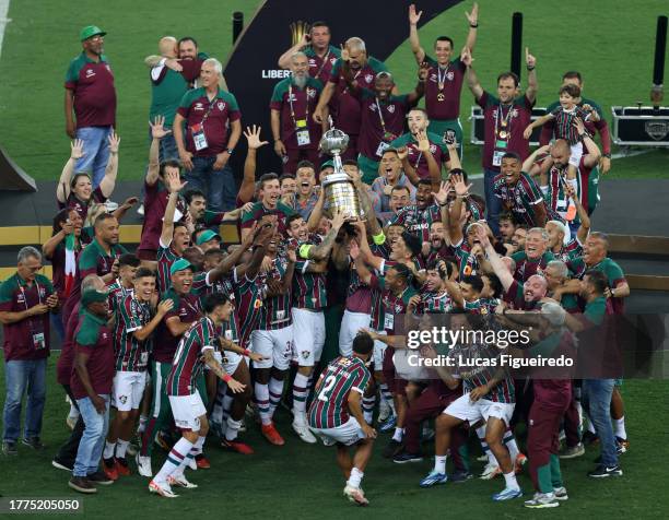 Nino of Fluminense and teammates lift the trophy after winning the final match of Copa CONMEBOL Libertadores 2023 between Fluminense and Boca Juniors...