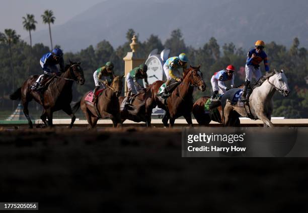 Jockey Irad Ortiz Jr. Celebrates riding White Abarrio to victory during the Breeders' Cup Classic at Santa Anita Park on November 04, 2023 in...