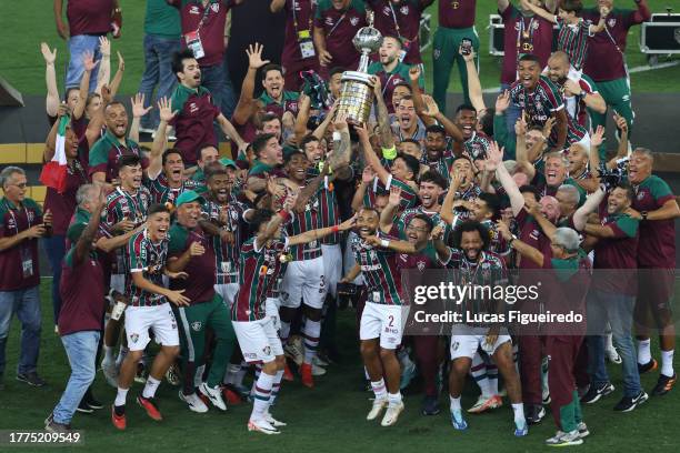 Nino of Fluminense and teammates lift the trophy after winning the final match of Copa CONMEBOL Libertadores 2023 between Fluminense and Boca Juniors...