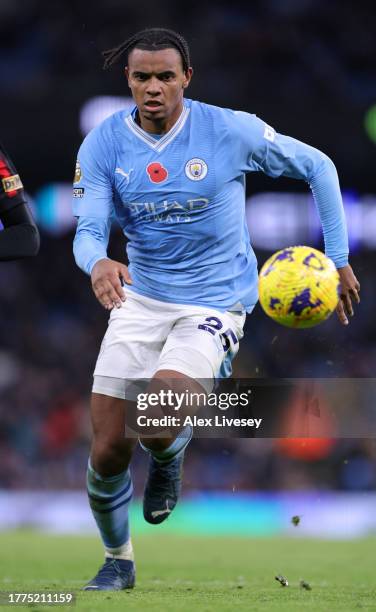 Manuel Akanji of Manchester City during the Premier League match between Manchester City and AFC Bournemouth at Etihad Stadium on November 04, 2023...