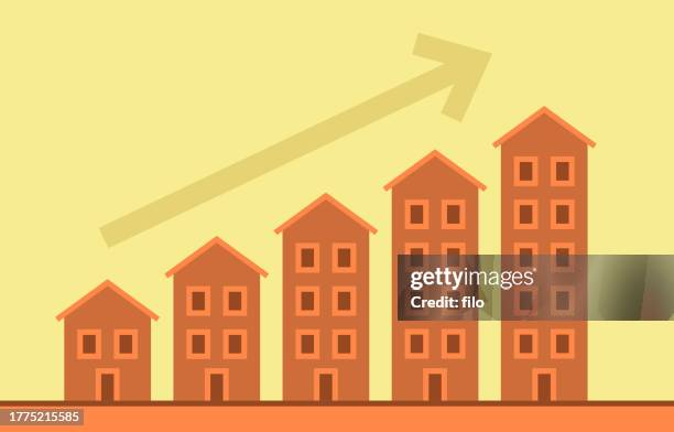 ilustraciones, imágenes clip art, dibujos animados e iconos de stock de gráfico de flechas del edificio de crecimiento de la vivienda - problemas de vivienda