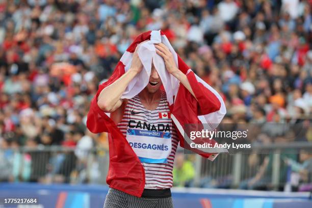 Jean-simon Desgagnes of Team Canada celebrates after winning in Men's 3000m Steeplechase Final at Estadio Nacional de Chile on Day 15 of Santiago...