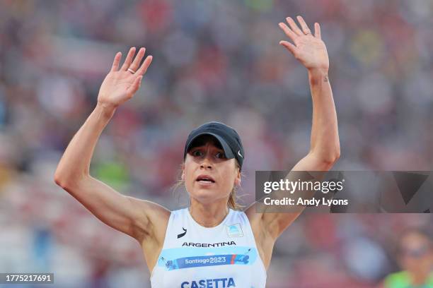 Belen Casetta of Team Argentina wins Women's 3000m Steeplechase Final at Estadio Nacional de Chile on Day 15 of Santiago 2023 Pan Am Games on...