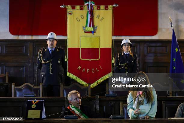 Stella Moris speaks inside the barons' hall of the Maschio Angioino castle, during the ceremony for the awarding of the honorary citizenship of...