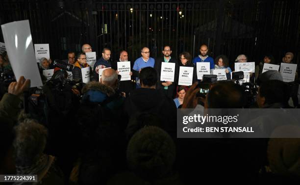 Professor Nick Maynard addresses the crowd at a vigil to mourn the healthcare workers killed in Gaza, at the gates of Downing Street, the official...