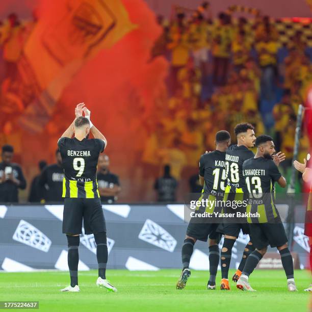 Players of Al Ittihad prior the Saudi Pro League match between Al-Ittihad and Abha Club at Prince Abdullah Al Faisal Stadium on November 10, 2023 in...