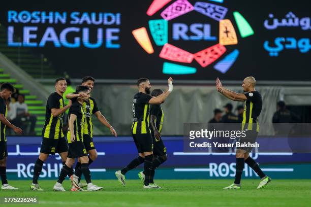 Karim Benzema of Al Ittihad celebrates after scoring 3rd goal during the Saudi Pro League match between Al-Ittihad and Abha Club at Prince Abdullah...
