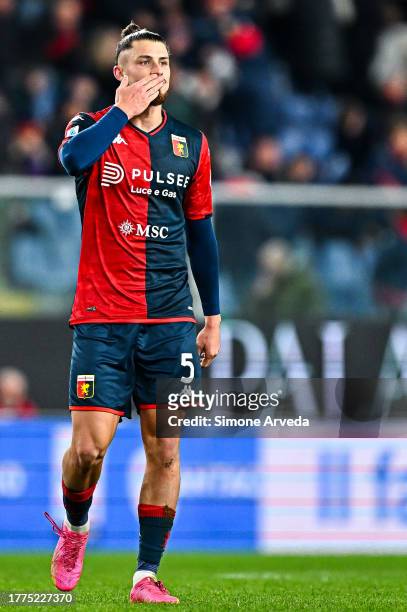 Radu Dragusin of Genoa celebrates after scoring a goal during the Serie A TIM match between Genoa CFC and Hellas Verona FC at Stadio Luigi Ferraris...