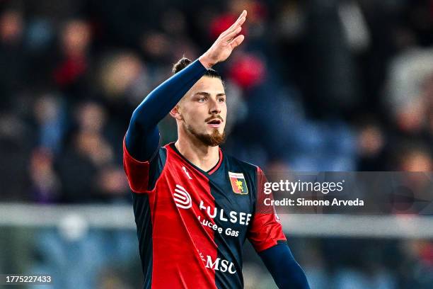 Radu Dragusin of Genoa celebrates after scoring a goal during the Serie A TIM match between Genoa CFC and Hellas Verona FC at Stadio Luigi Ferraris...