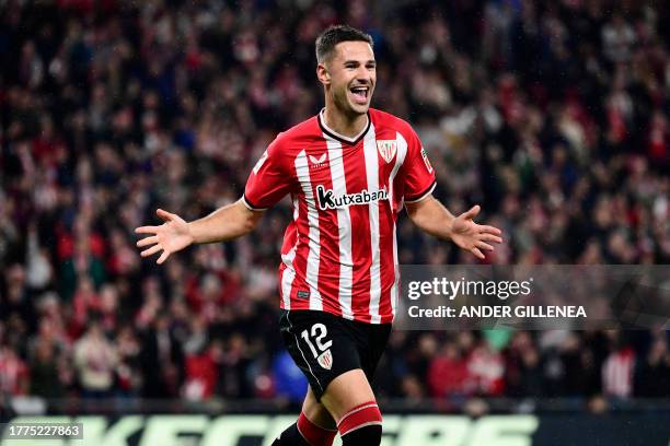 Athletic Bilbao's Spanish forward Gorka Guruzeta celebrates scoring his team's third goal during the Spanish league football match between Athletic...