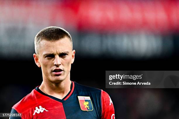 Albert Gudmundsson of Genoa looks on during the Serie A TIM match between Genoa CFC and Hellas Verona FC at Stadio Luigi Ferraris on November 10,...