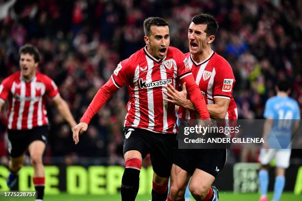 Athletic Bilbao's Spanish forward Alex Berenguer celebrates scoring his team's fourth goal during the Spanish league football match between Athletic...
