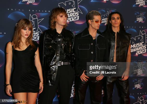 Victoria De Angelis, Thomas Raggi, Damiano David and Ethan Torchio from Maneskin attend the 25th NRJ Music Awards on November 10, 2023 in Cannes,...